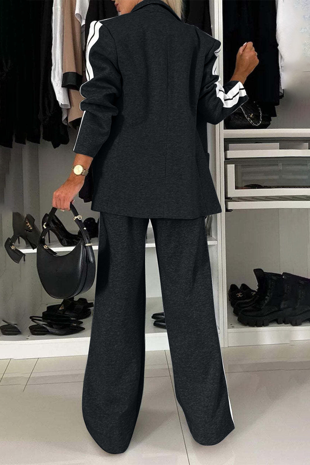 Full Size Contrast Lapel Collar Top and Pants Set  Trendsi   