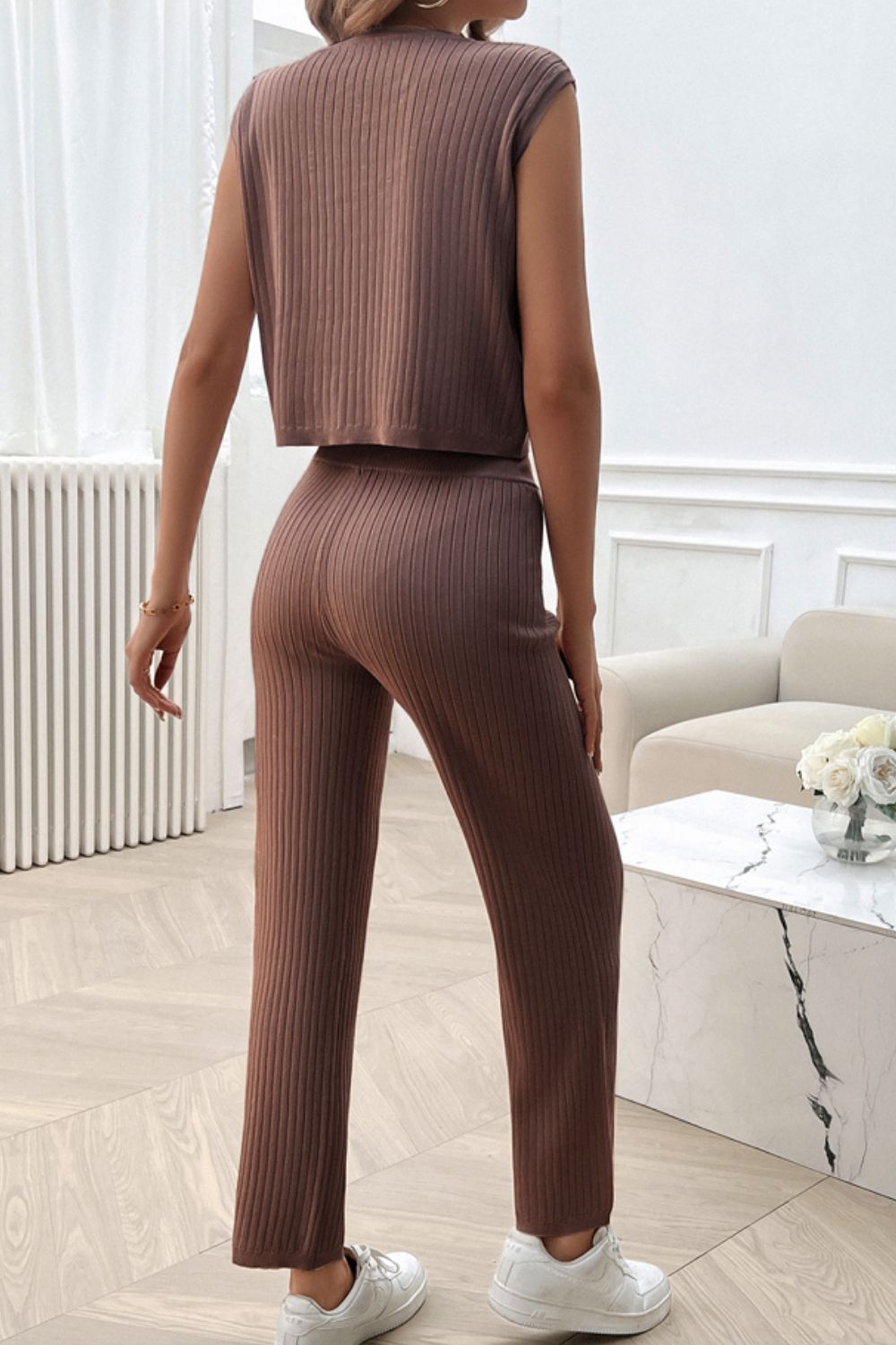 Devine Ribbed Round Neck Top and Pants Set  Trendsi   