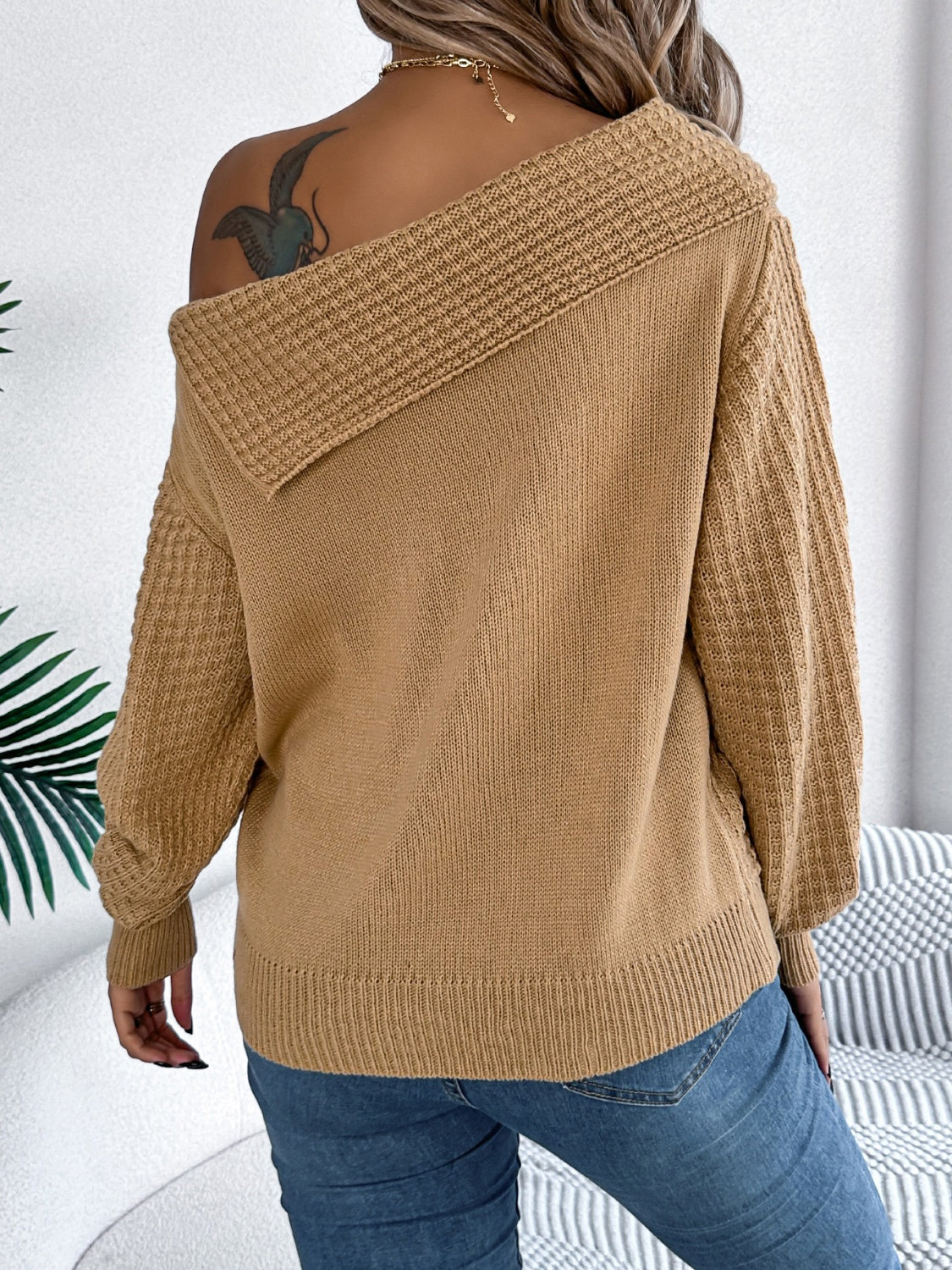 Cable-Knit One Shoulder Long Sleeve Sweater  Trendsi   