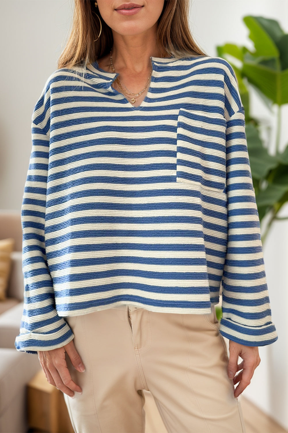 Striped Notched Long Sleeve Top Blouse Trendsi Peacock  Blue S 