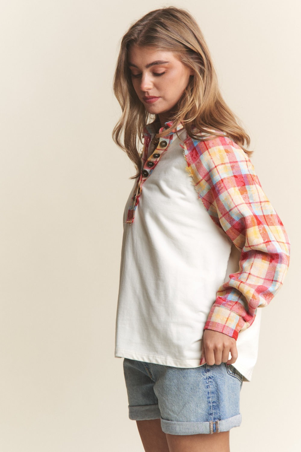 J.NNA Plaid Contrast Button Down Henley Top  Trendsi   