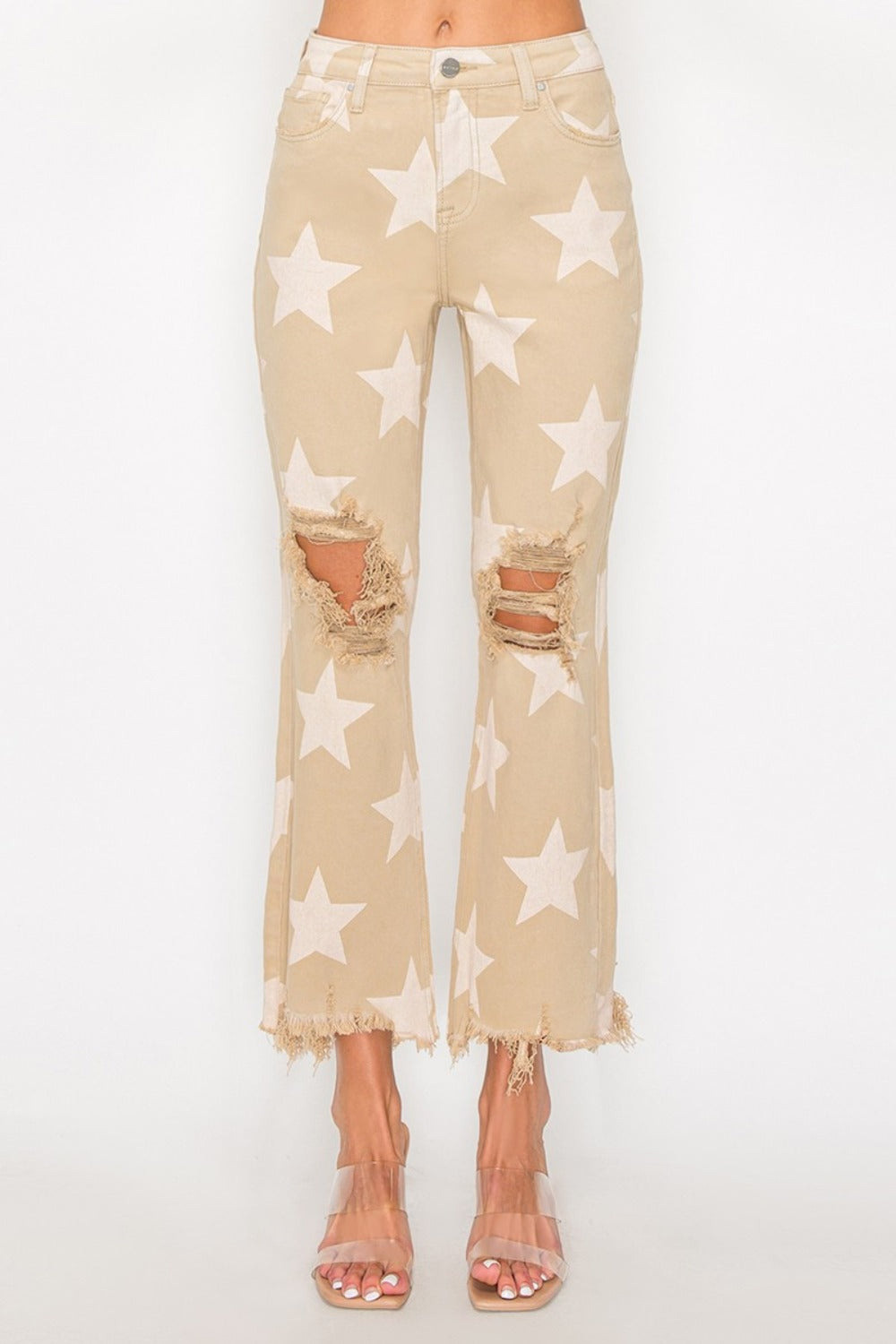 RISEN Full Size High Rise Star Printed Frayed Hem Jeans  Trendsi   