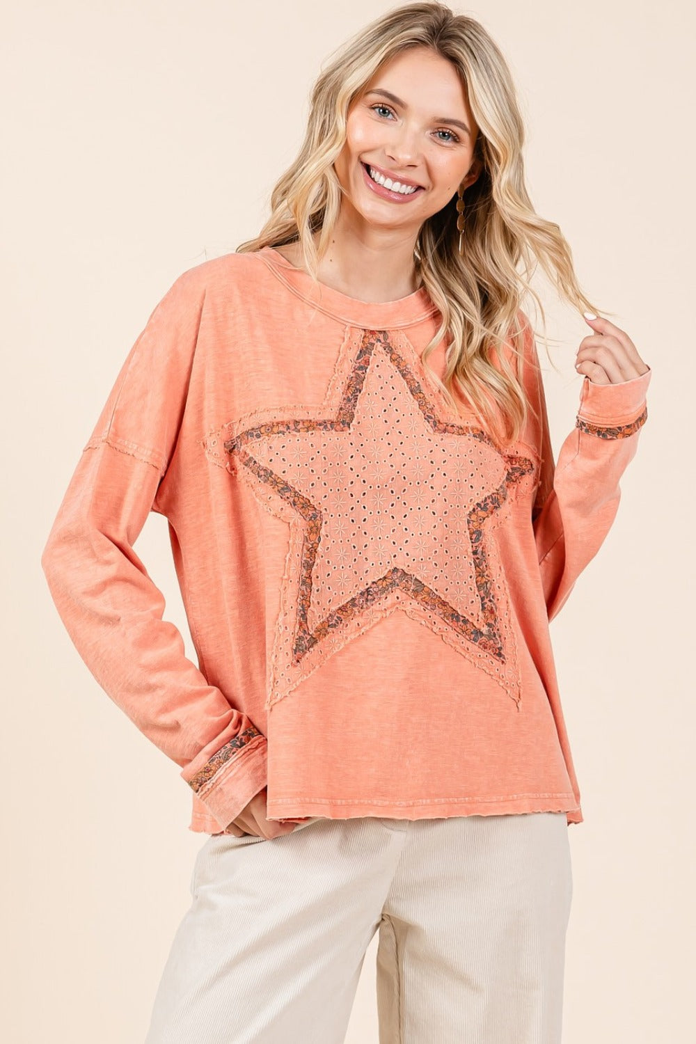 Mittoshop Mineral Wash Star Patch Long Sleeve T-Shirt  Trendsi Coral cream S 