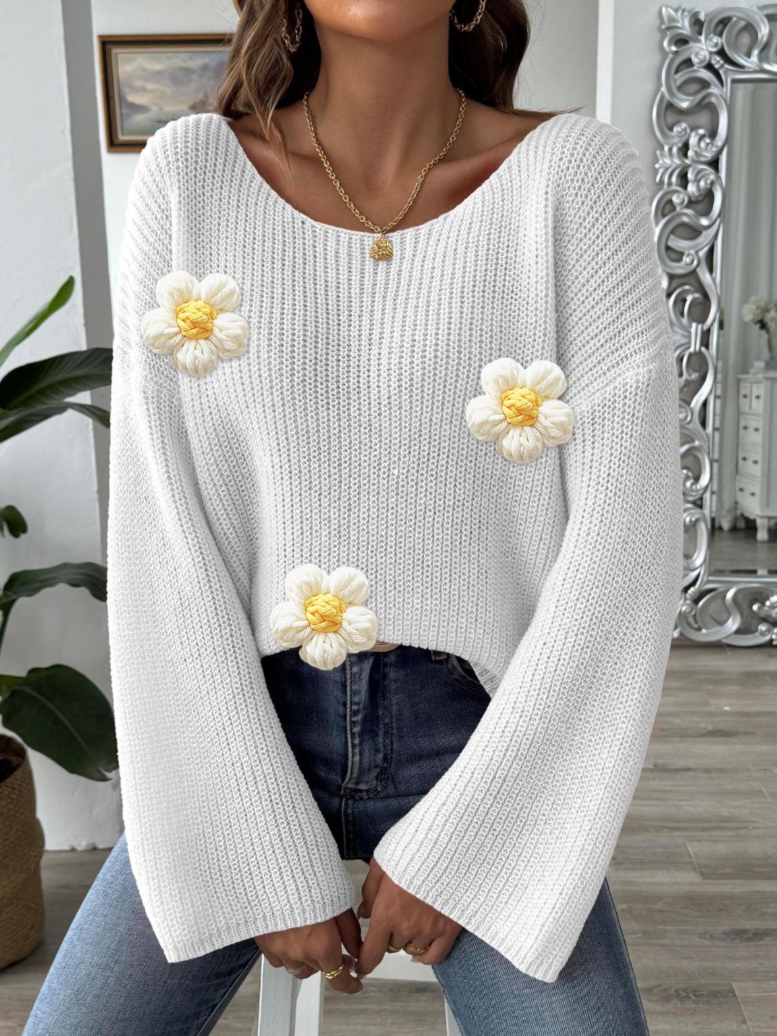 Flower Round Neck Long Sleeve Sweater  Trendsi   