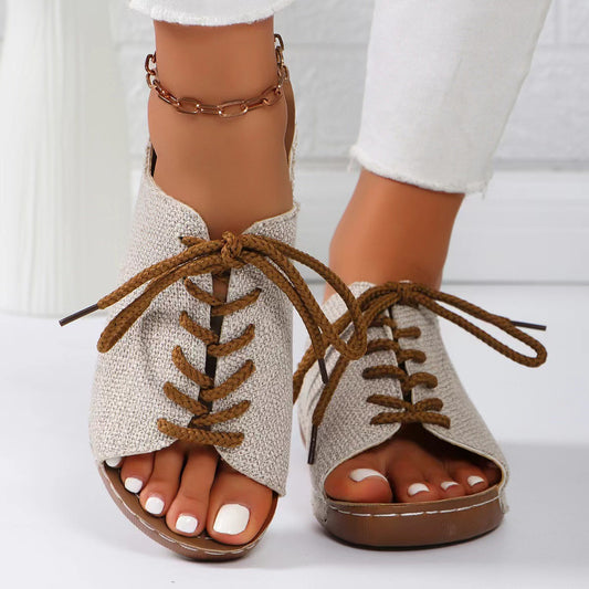 Lace-Up Open Toe Wedge Sandals  Trendsi Beige 36(US5) 