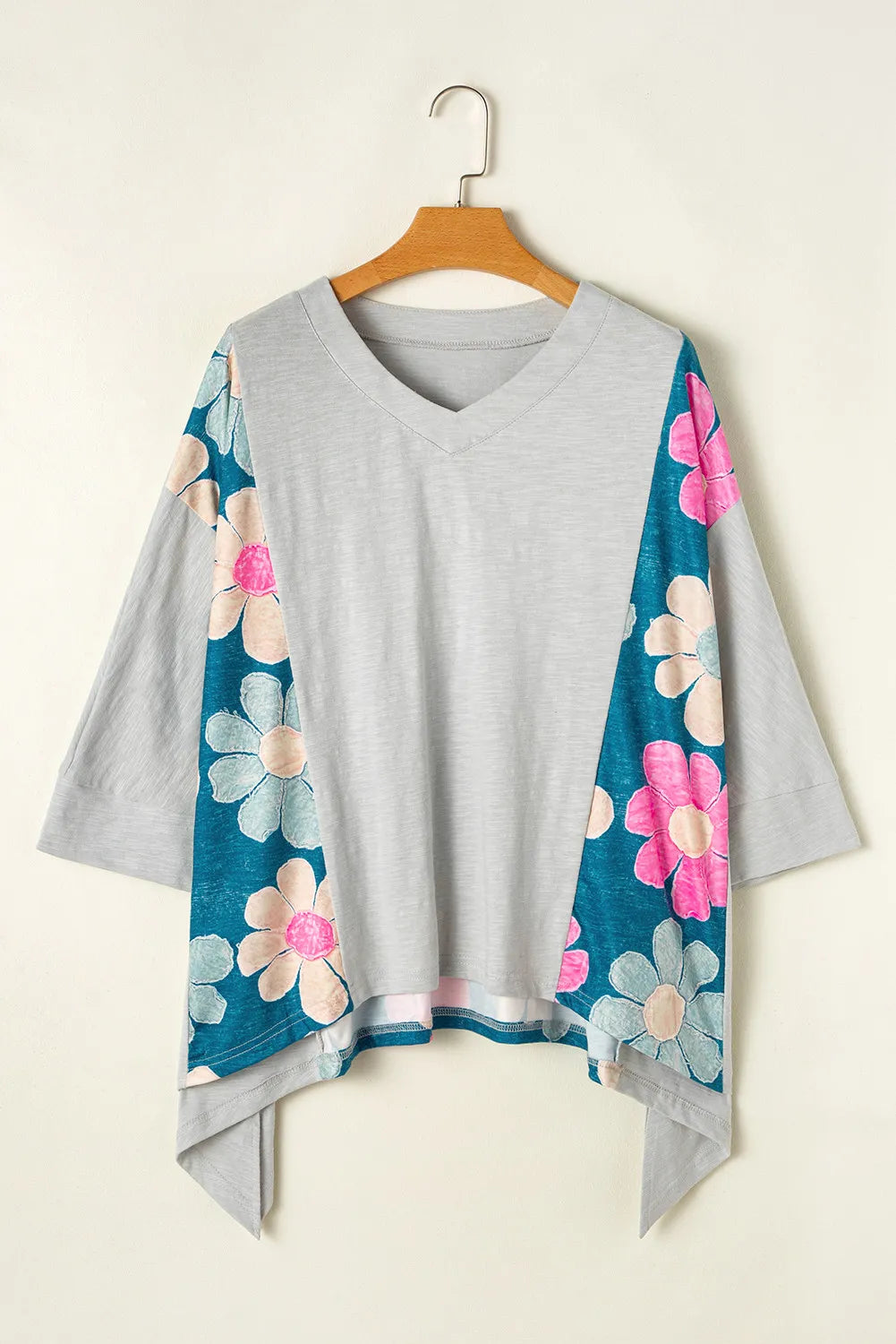 Slit Floral V-Neck Three-Quarter Sleeve Blouse Blouse Trendsi   