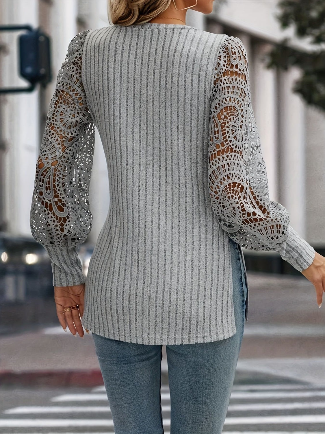 Slit Round Neck Lace Long Sleeve T-Shirt  Trendsi   