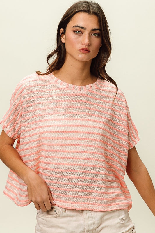 BiBi Braid Striped Short Sleeve Round Neck T-Shirt  Trendsi Pink S 