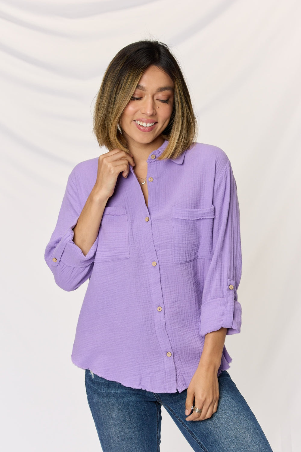 Zenana Texture Button Up Raw Hem Long Sleeve Shirt  Trendsi   