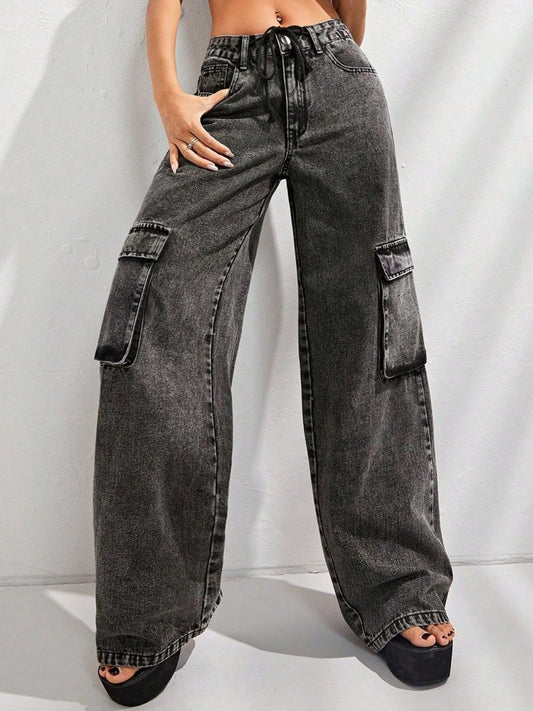 Wide Leg Jeans with Pockets  Trendsi Black XS 