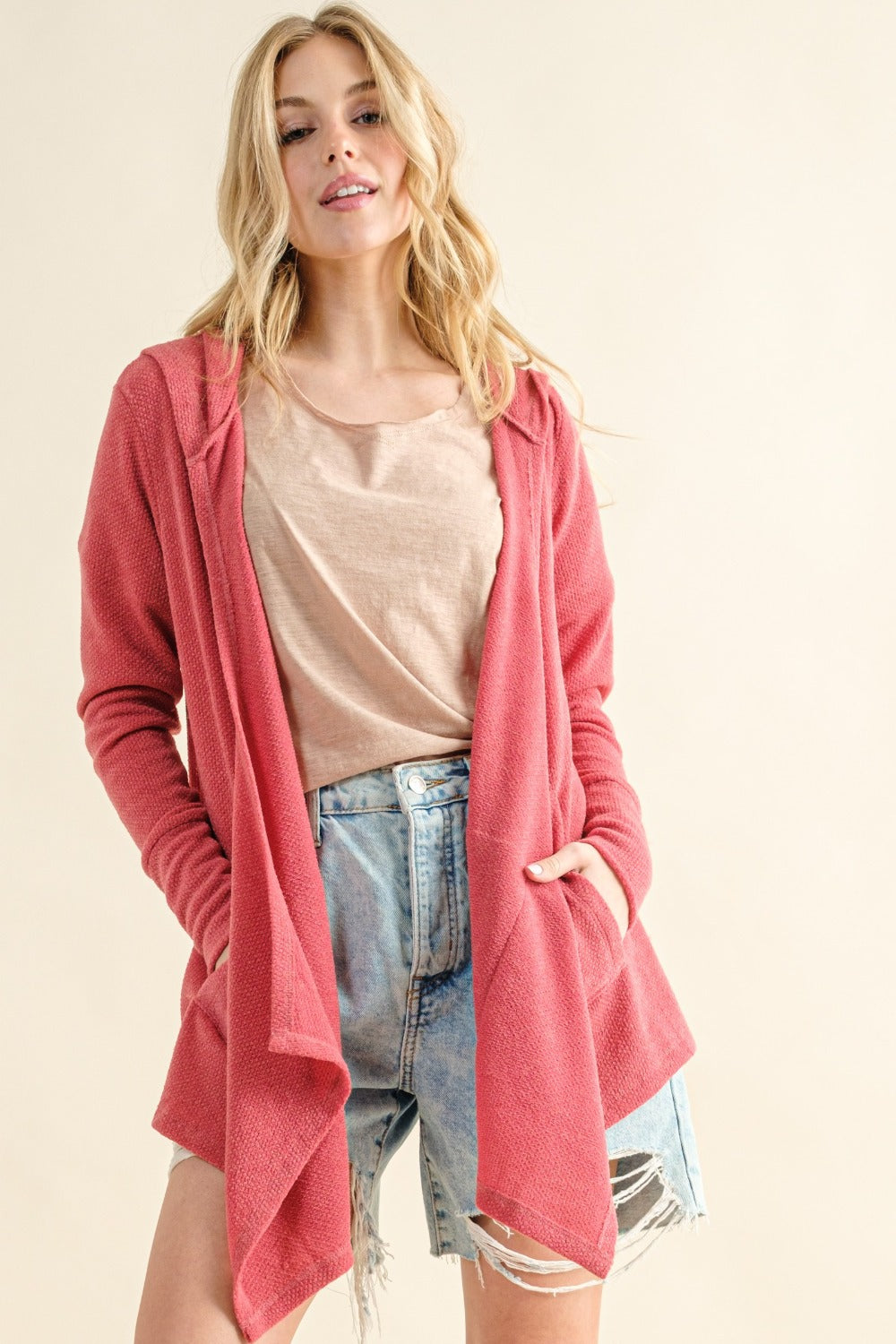 And The Why Full Size Thermal Hooded Open Front Cardigan with Pockets Luxe Trendsi Rose Pink S 