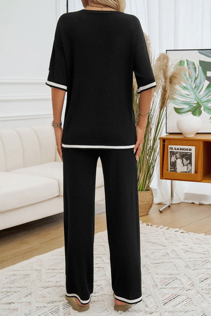 Devine Contrast Trim Half Sleeve Top and Pants Set  Trendsi   