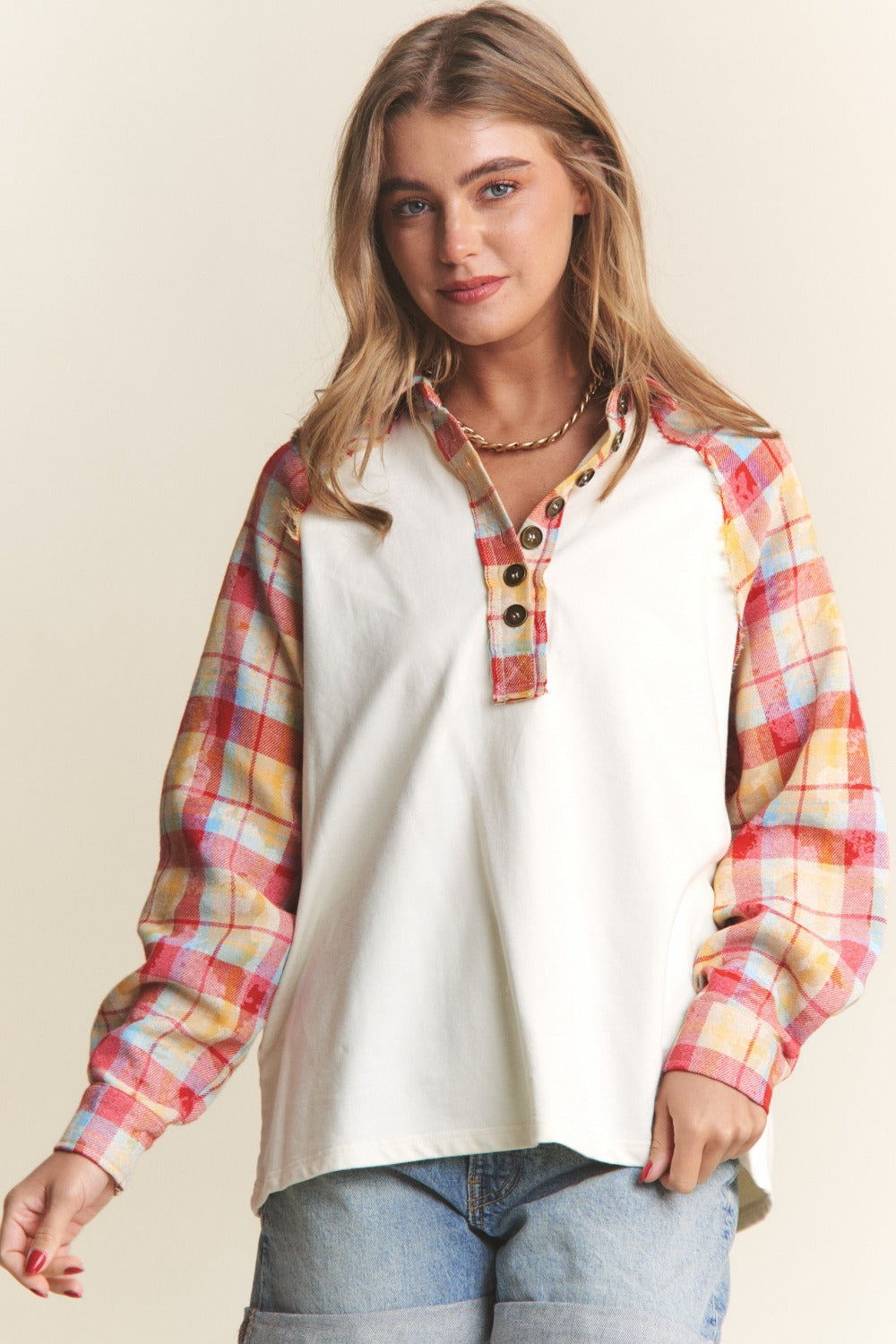 J.NNA Plaid Contrast Button Down Henley Top  Trendsi   