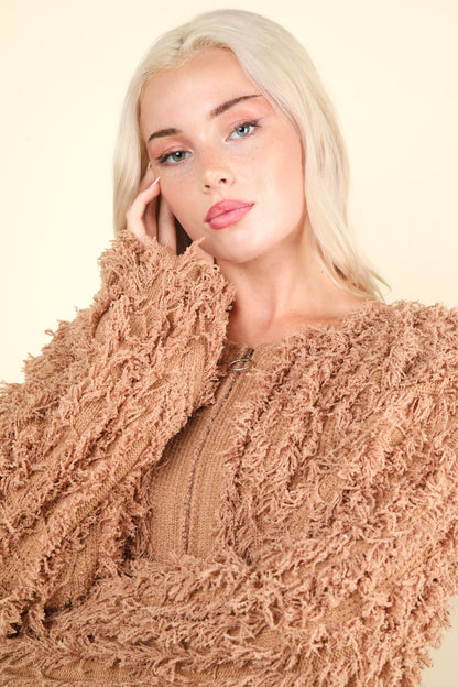 VERY J Shaggy Yarn Knit Zip Up Jacket Luxe Trendsi   