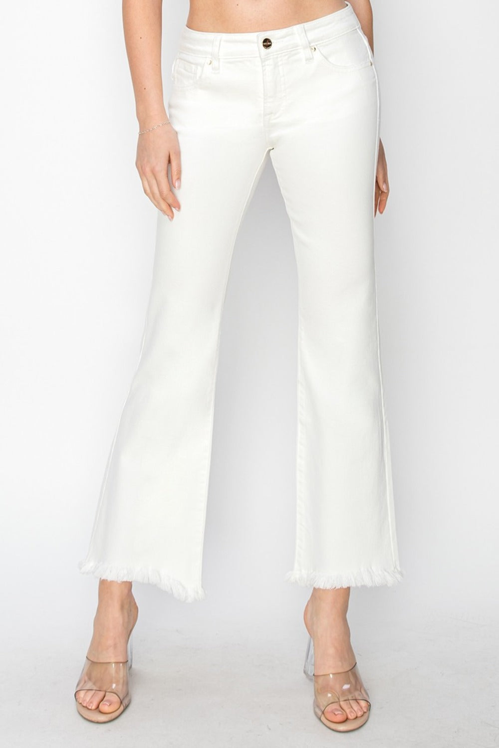 RISEN Full Size Tummy Control Crop Flare Step Hem Pants Luxe Trendsi White 0(24) 