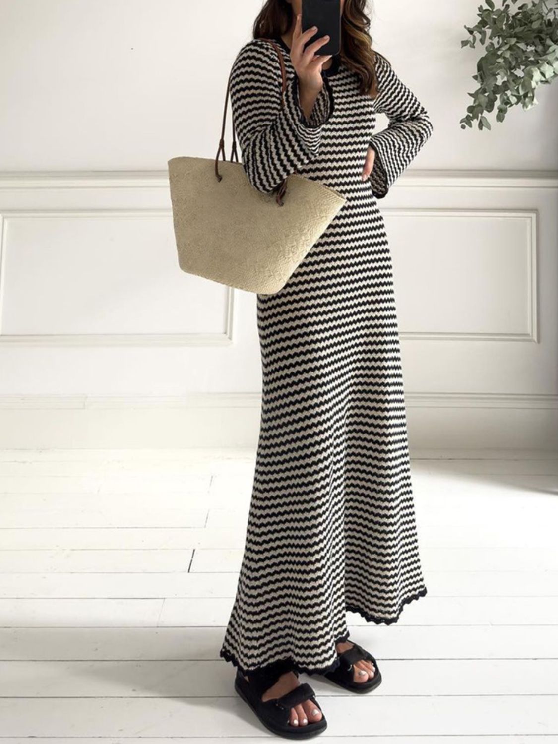 Devine Tied Round Neck Striped Sweater Dress  Trendsi   