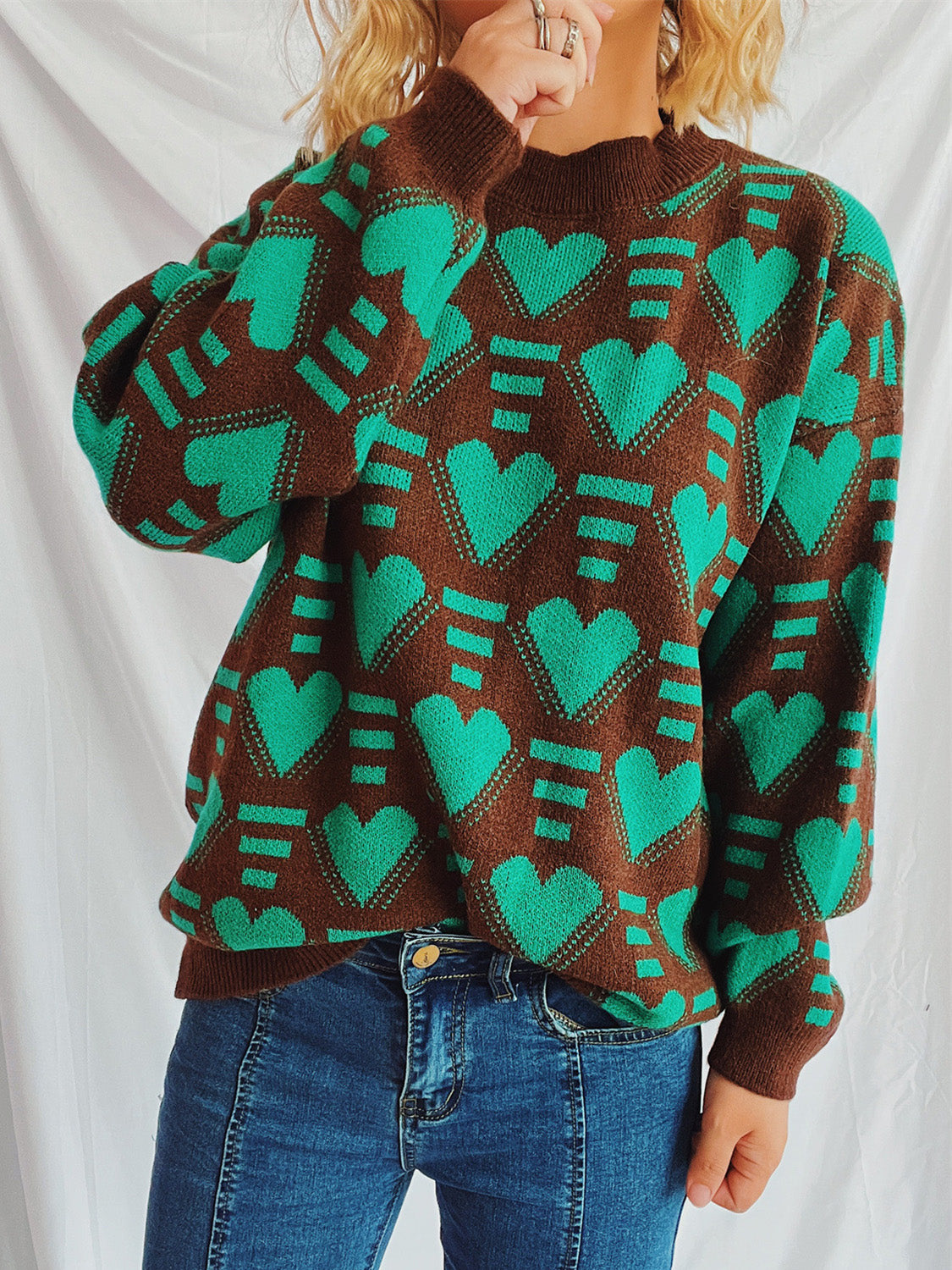 Heart Contrast Long Sleeve Dropped Shoulder Sweater  Trendsi   