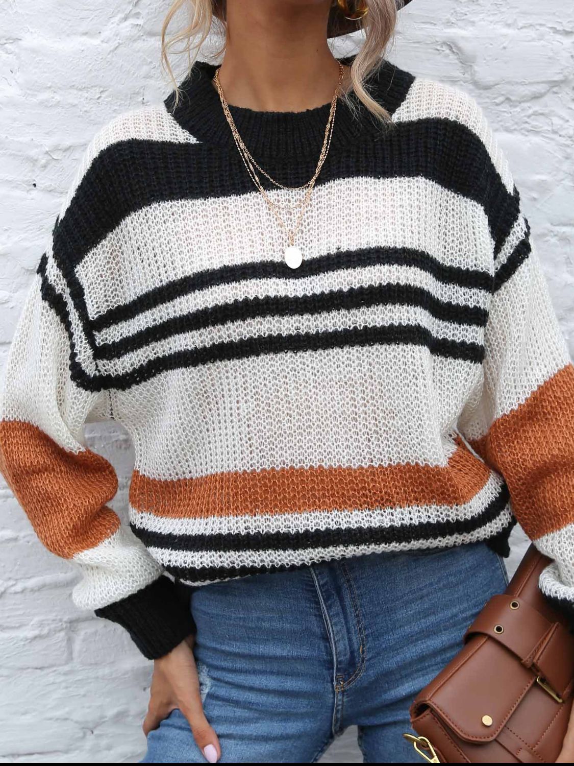 Contrast Striped Round Neck Long Sleeve Sweater  Trendsi   