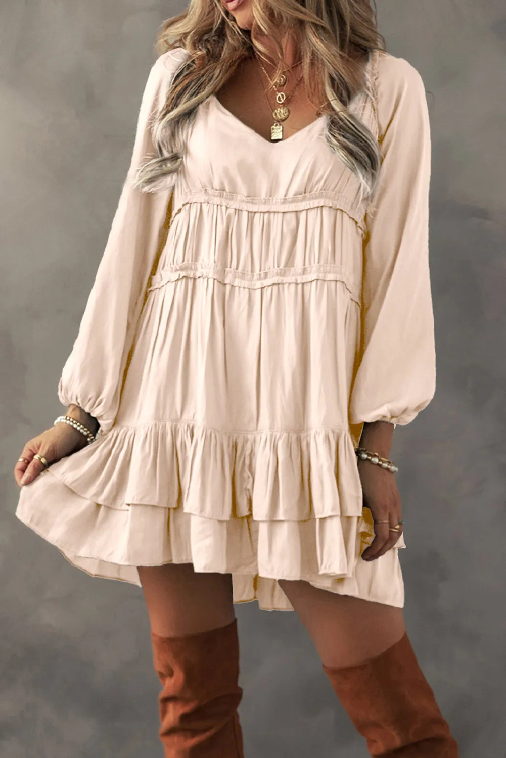 Frill Ruffled V-Neck Long Sleeve Mini Dress  Trendsi   