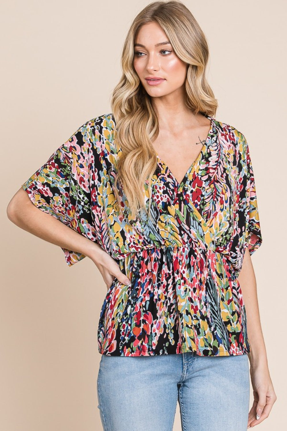 BOMBOM Printed Surplice Peplum Blouse  Trendsi   