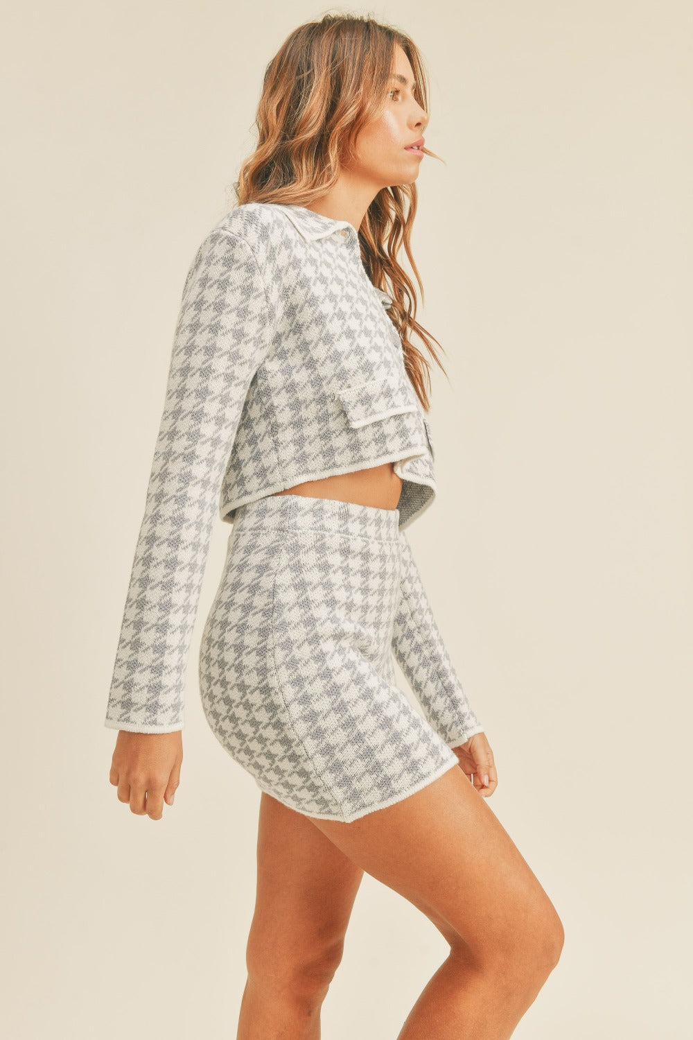 MABLE Houndstooth Cropped Knit Cardigan and Mini Skirt Set  Trendsi   