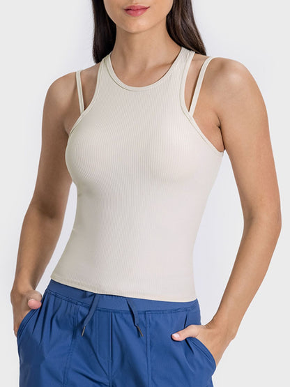 Millennia Cutout Round Neck Racerback Active Tank  Trendsi Beige 4 