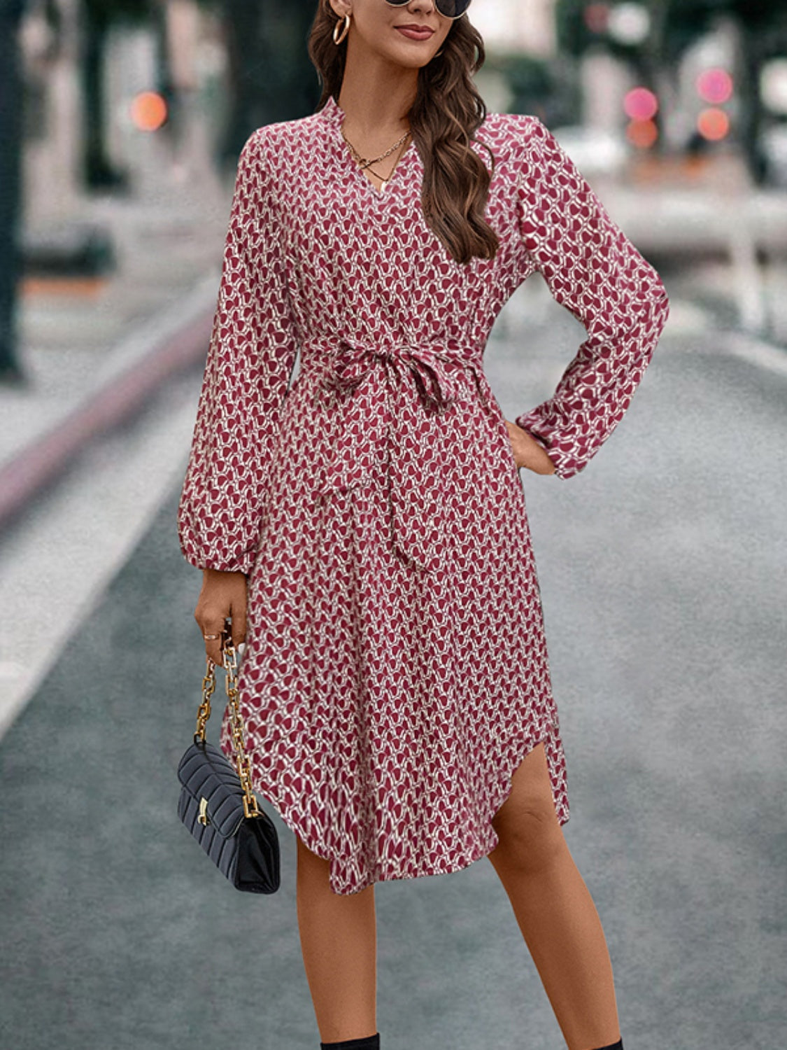 Tied Printed Notched Balloon Sleeve Dress  Trendsi   