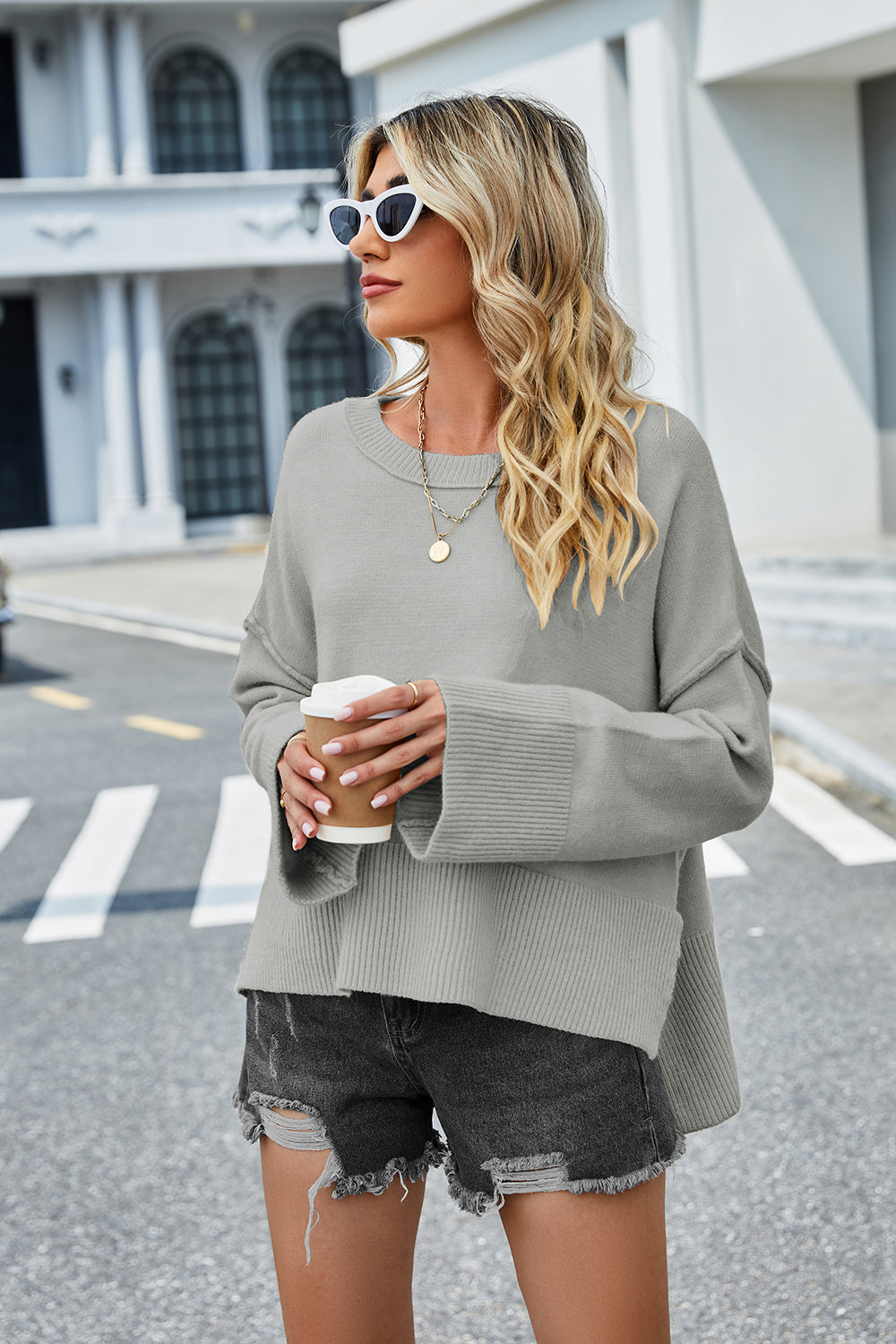 High-Low Slit Round Neck Long Sleeve Sweater  Trendsi   