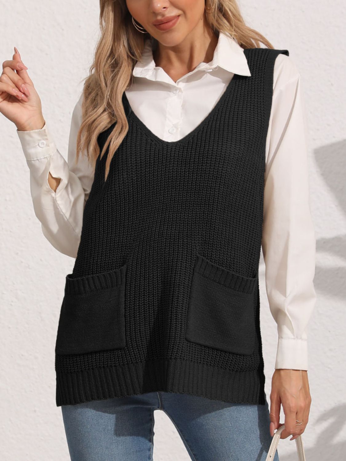 Pocketed V-Neck Sweater Vest  Trendsi   