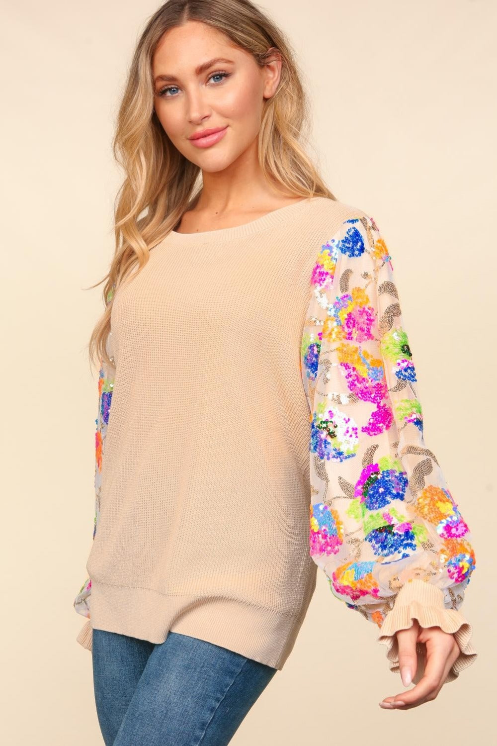 Haptics Floral Sequins Mesh Flounce Sleeve Sweater  Trendsi   