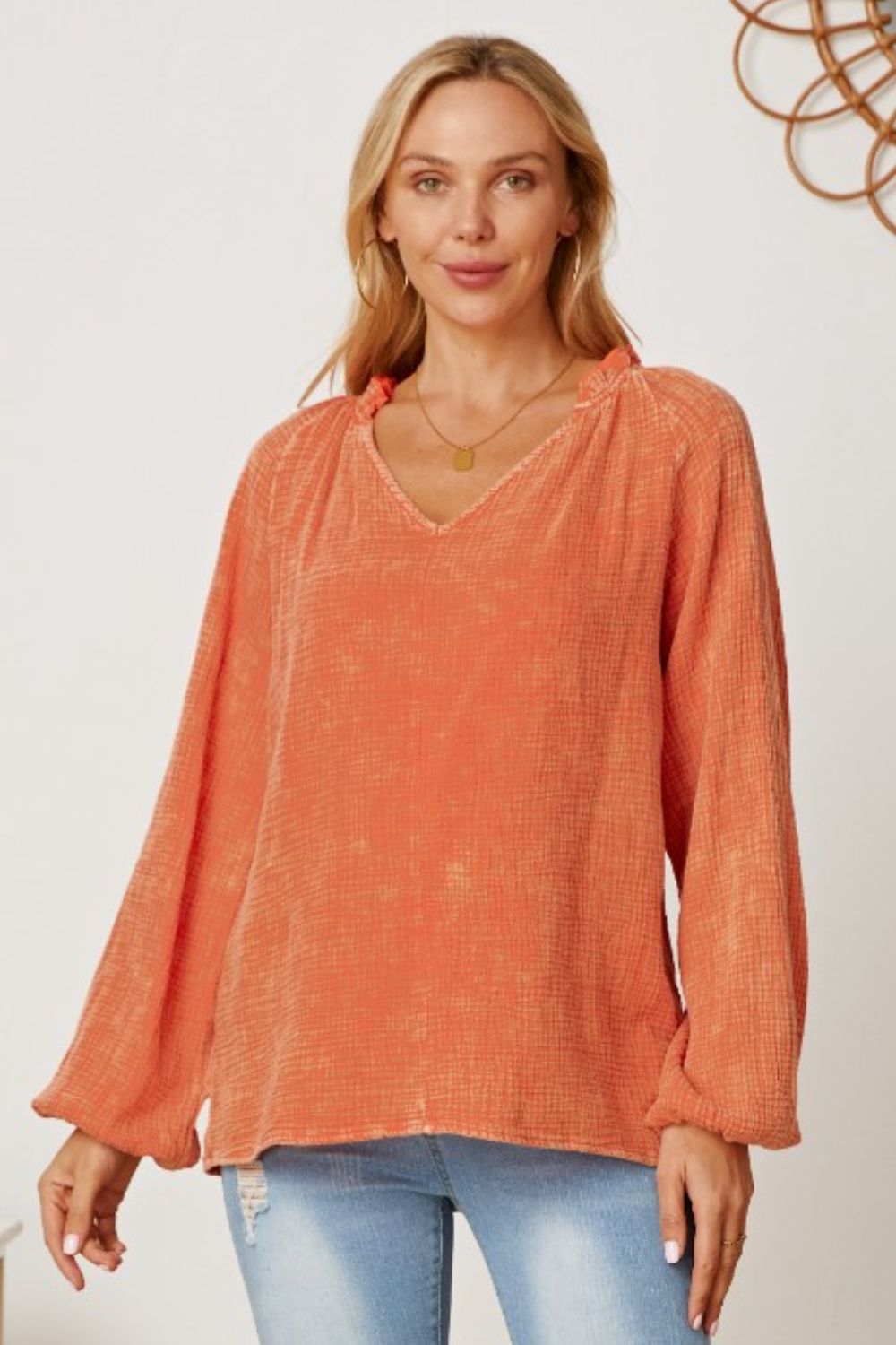 Frill V-Neck Balloon Sleeve Blouse Blouse Trendsi Tangerine S 