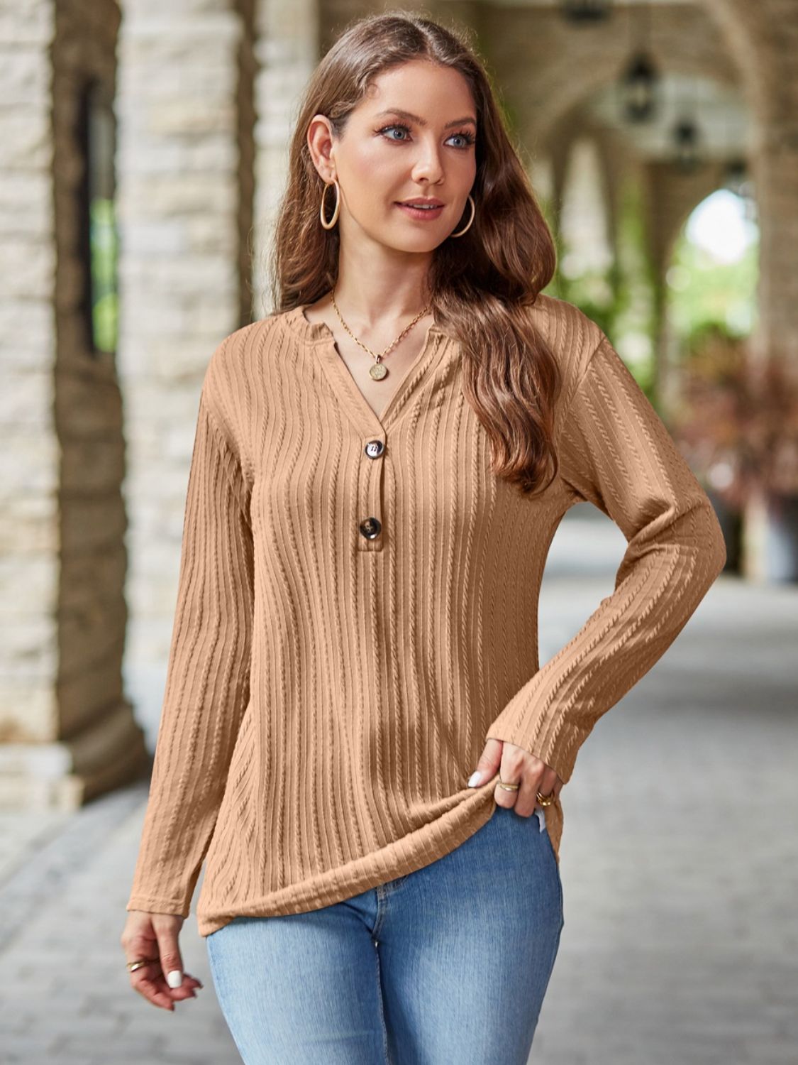 Mandy Notched Long Sleeve T-Shirt  Trendsi   