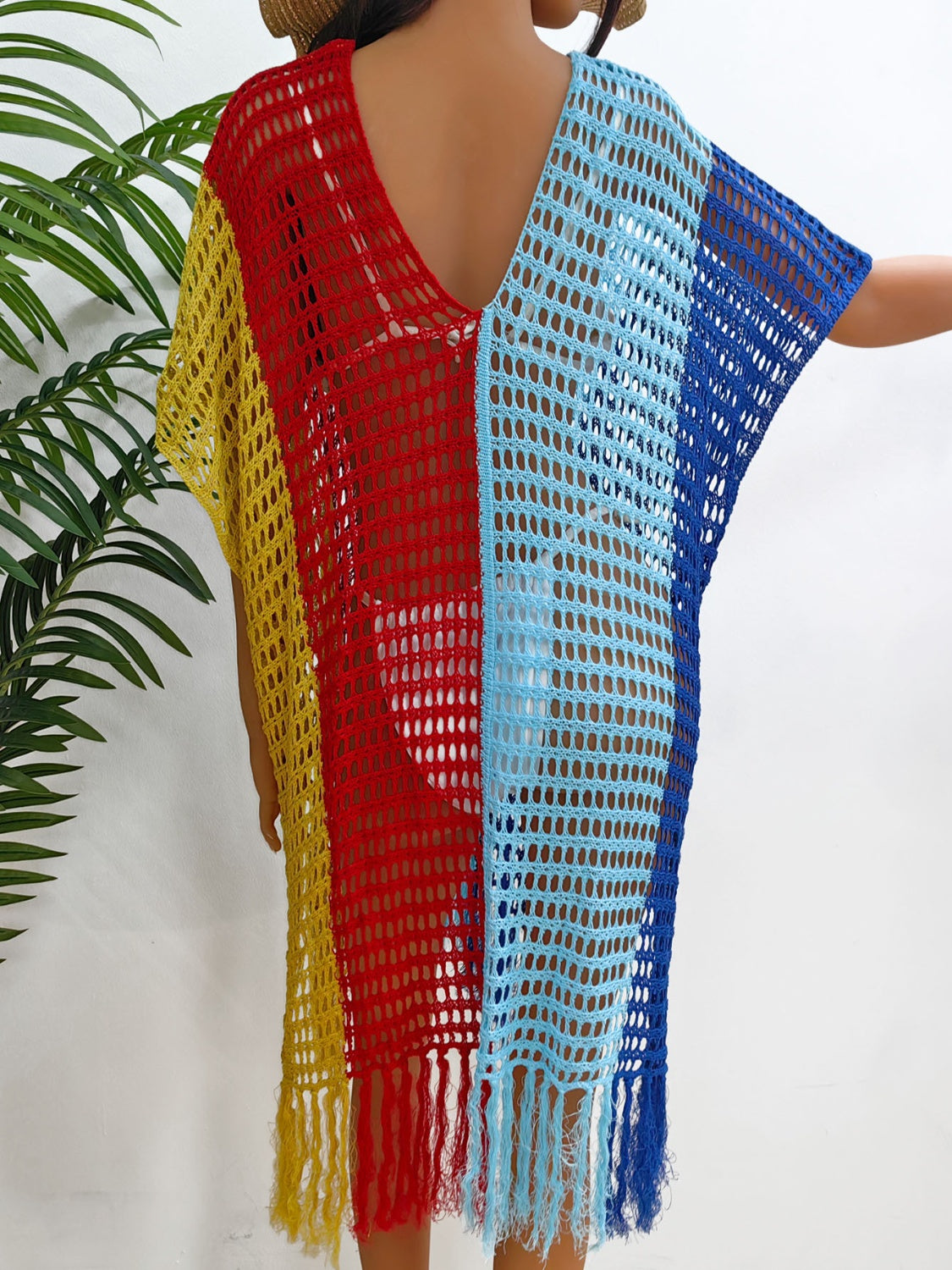 Fringe Color Block Scoop Neck Cover Up