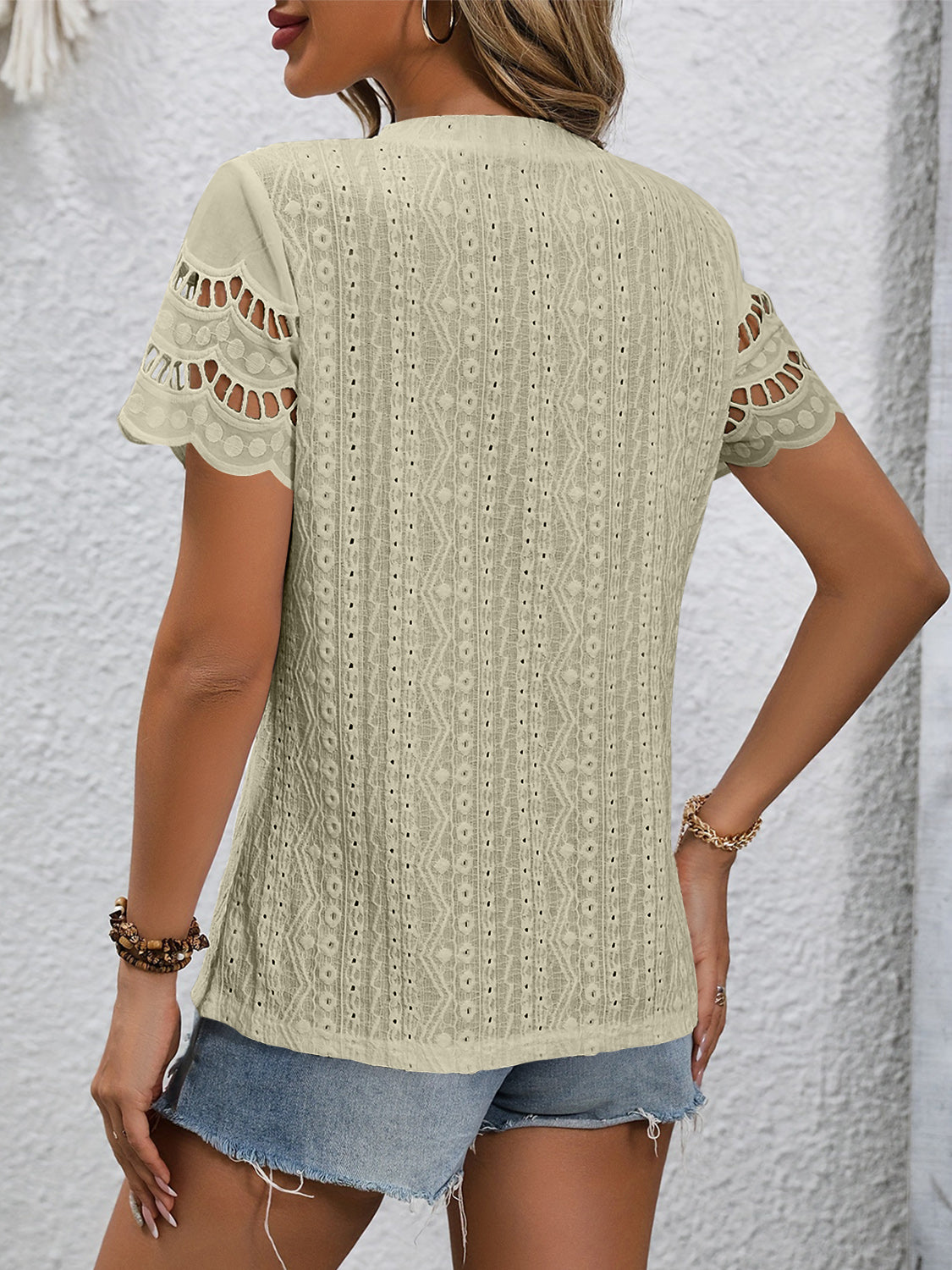 Full Size Eyelet Round Neck Short Sleeve Top Blouse Trendsi   