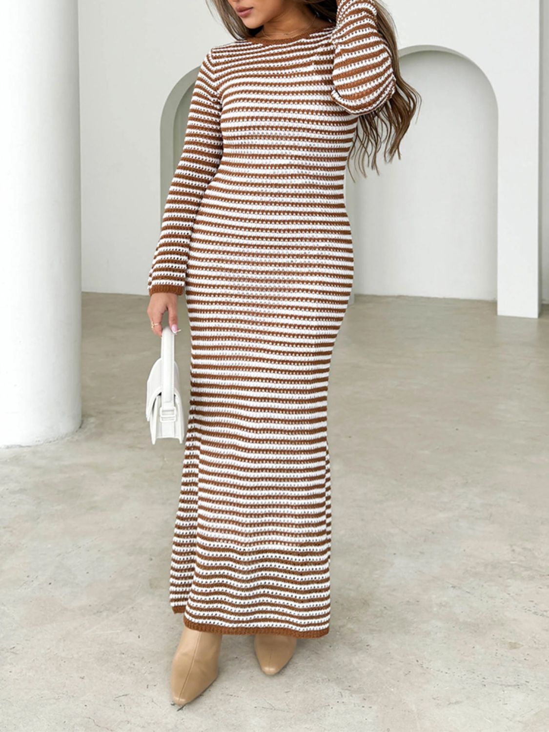 Devine Tied Round Neck Striped Sweater Dress  Trendsi   