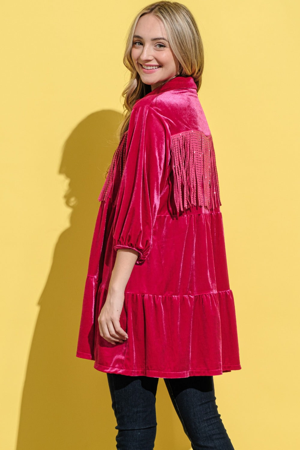 And The Why Fringe Detailed Velvet Shirt Dress Luxe Trendsi   