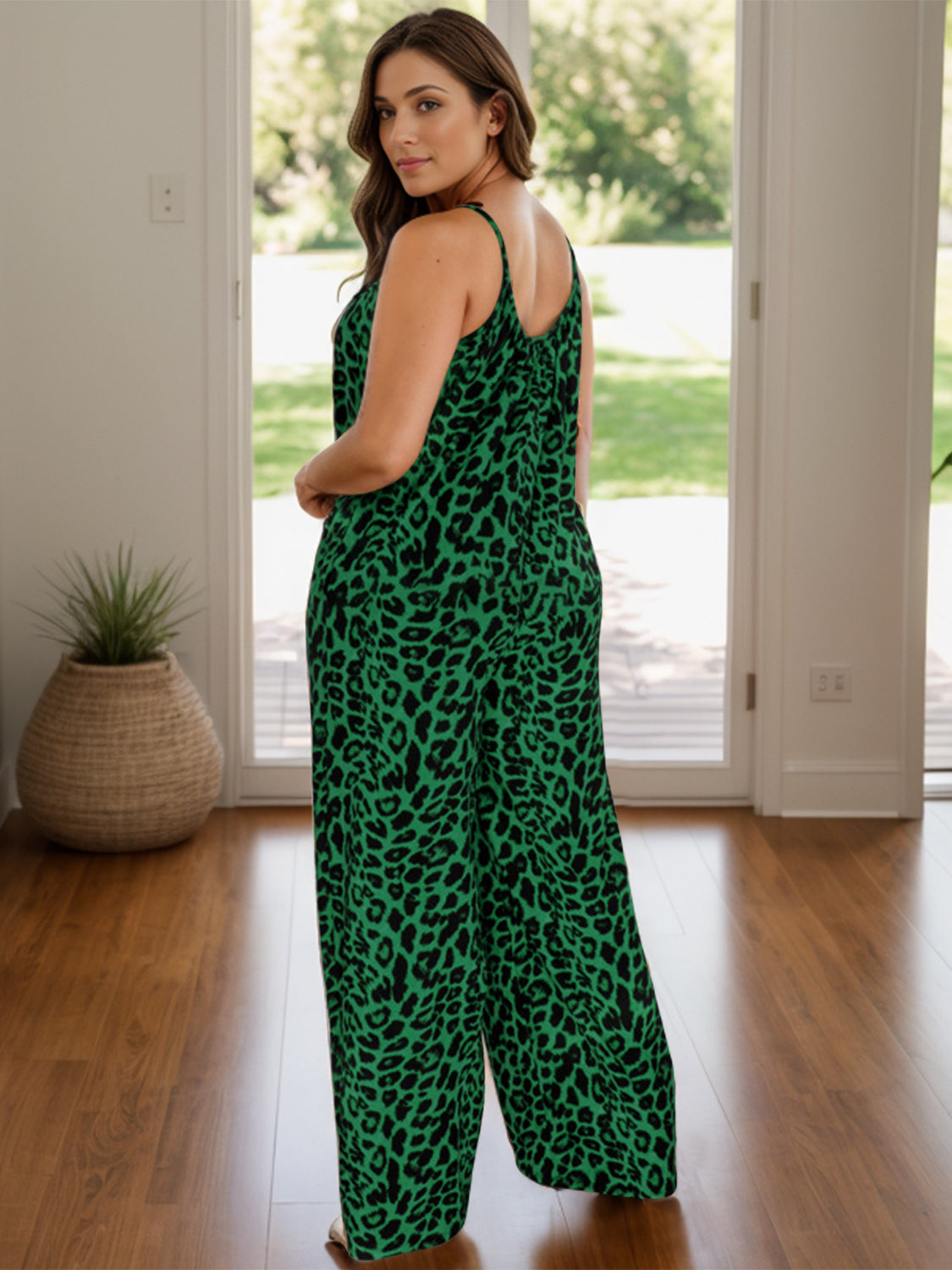 Full Size Leopard Scoop Neck Wide Leg Jumpsuit  Trendsi   