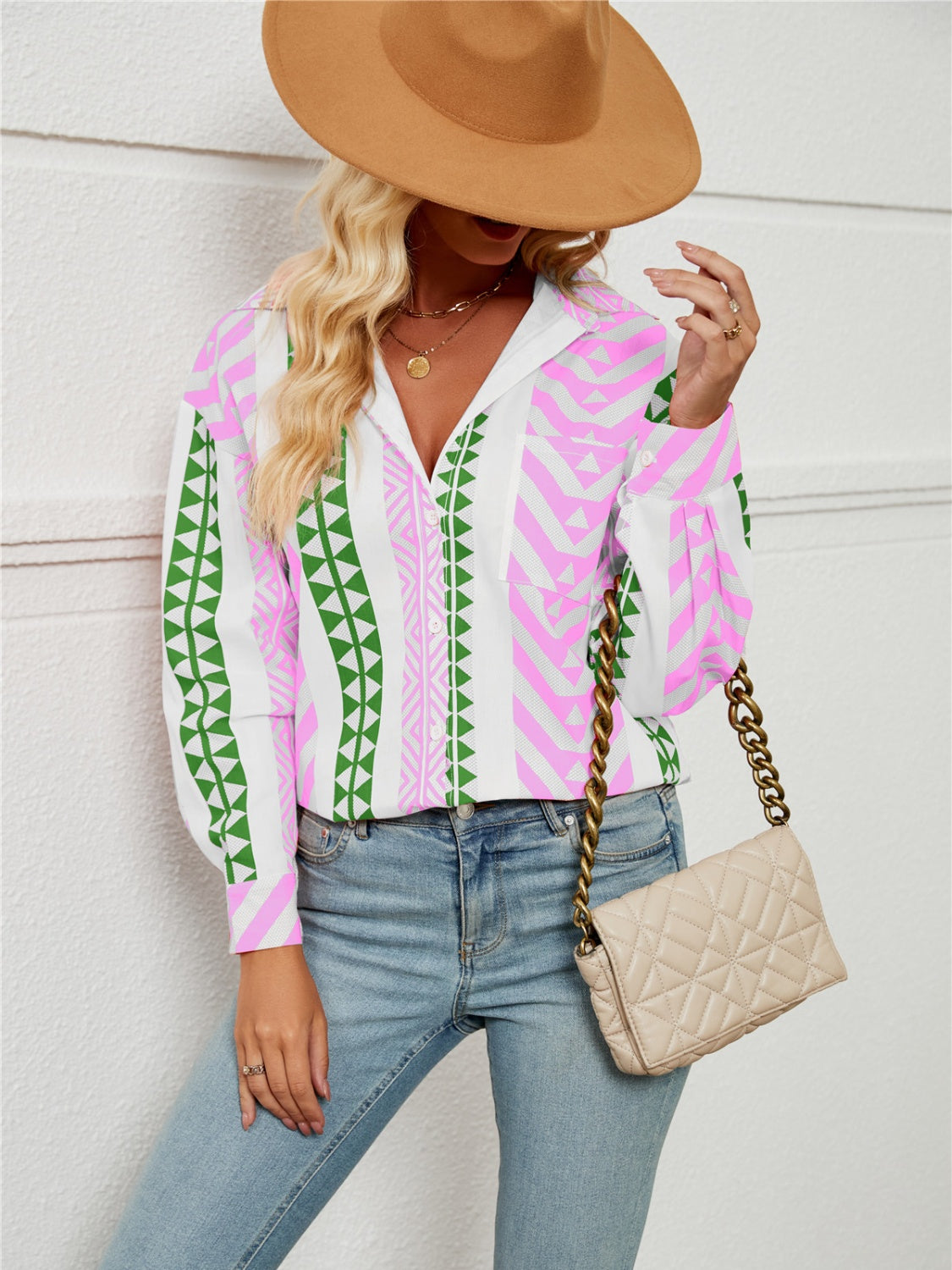 Geometric Collared Neck Long Sleeve Shirt  Trendsi   