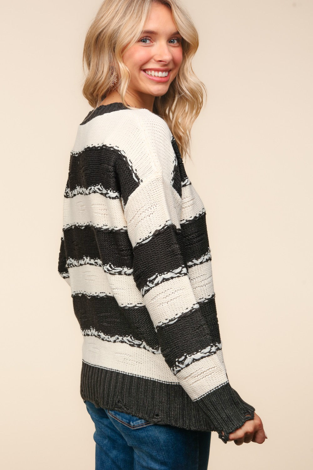 Haptics Striped Contrast Distressed Sweater  Trendsi   