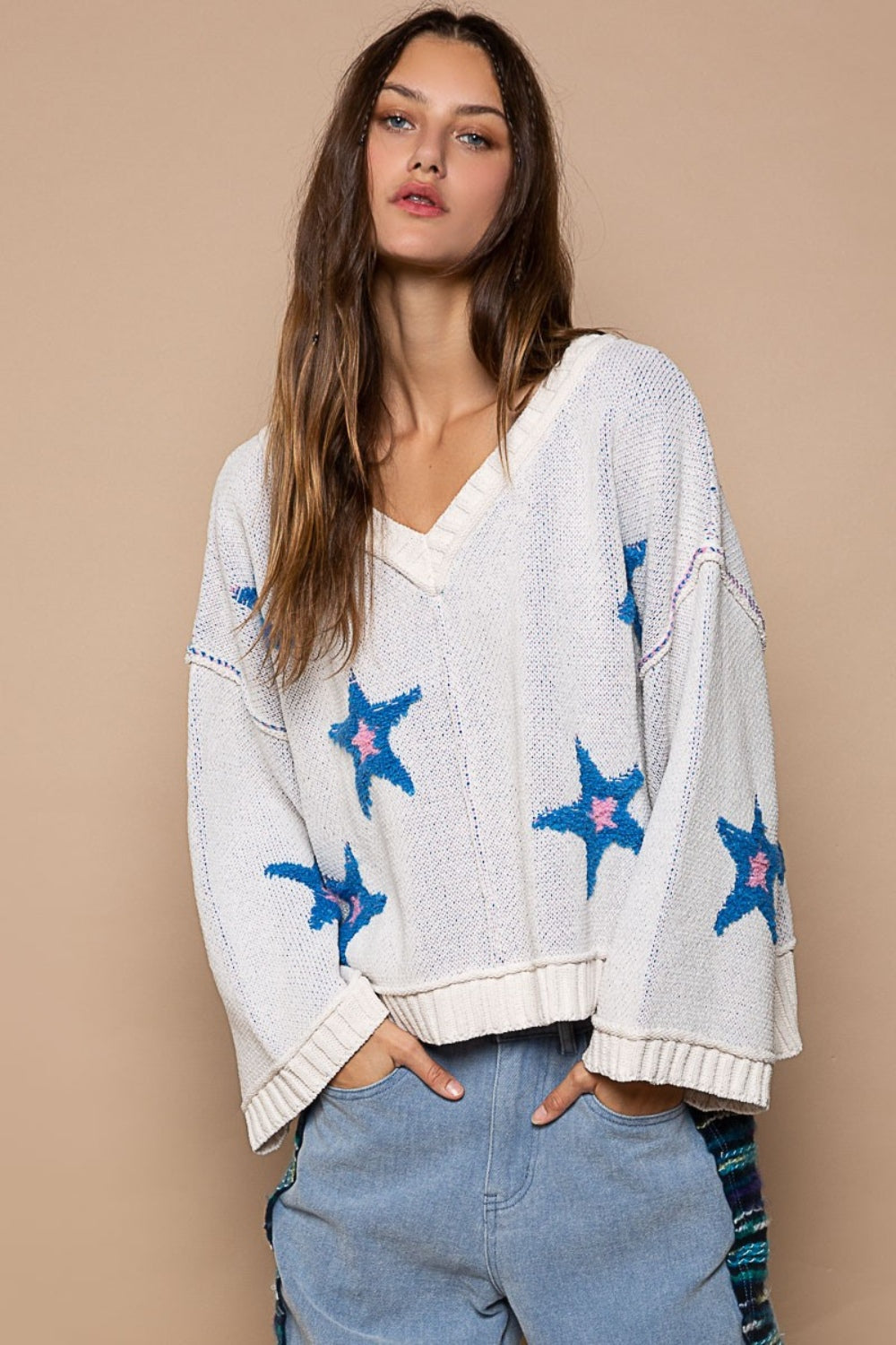 POL Long Sleeve Star Patch Sweater  Trendsi White S 