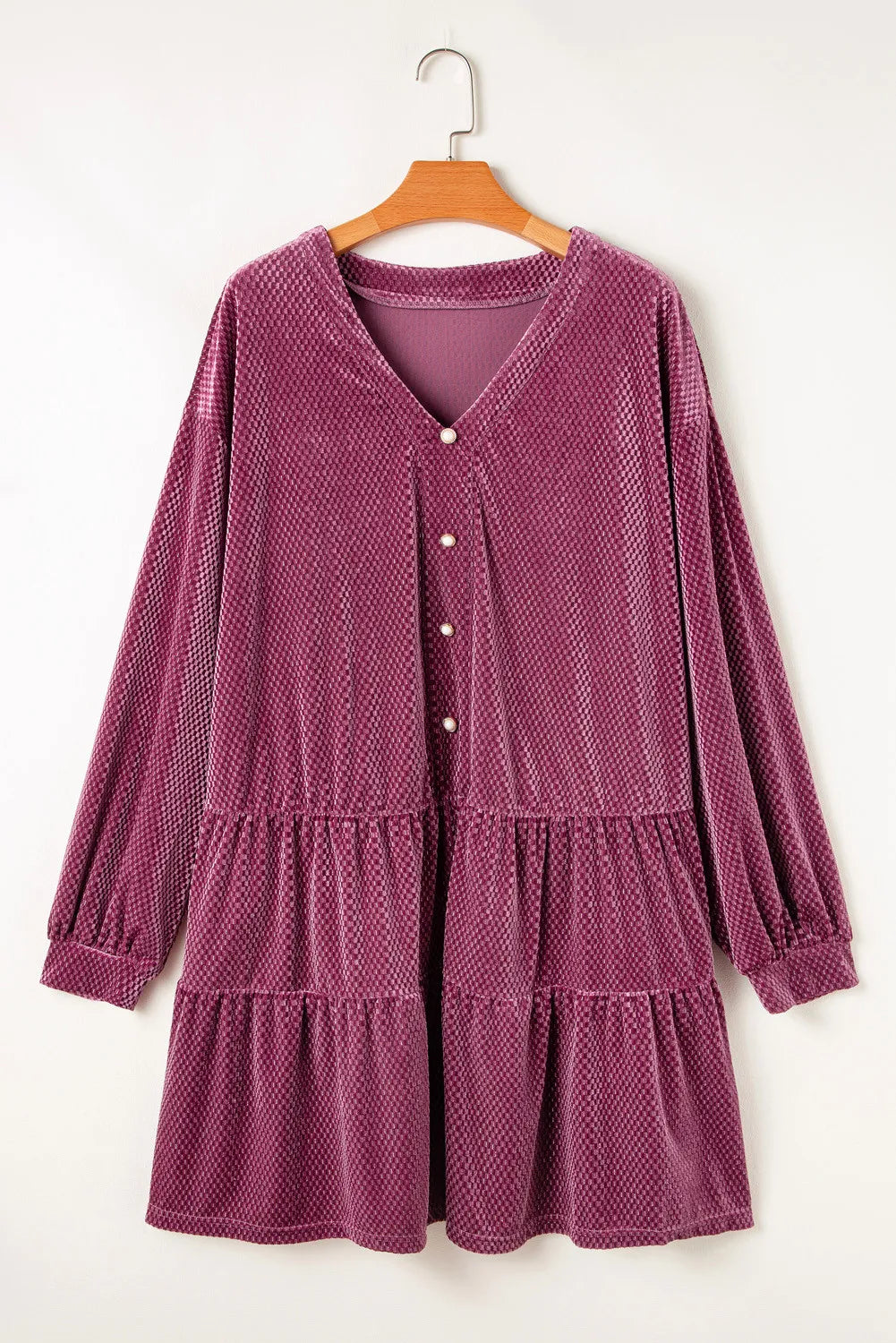 Plus Size Textured Velvet Decorative Button Long Sleeve Dress Dress Trendsi Moonlit Mauve 1XL 