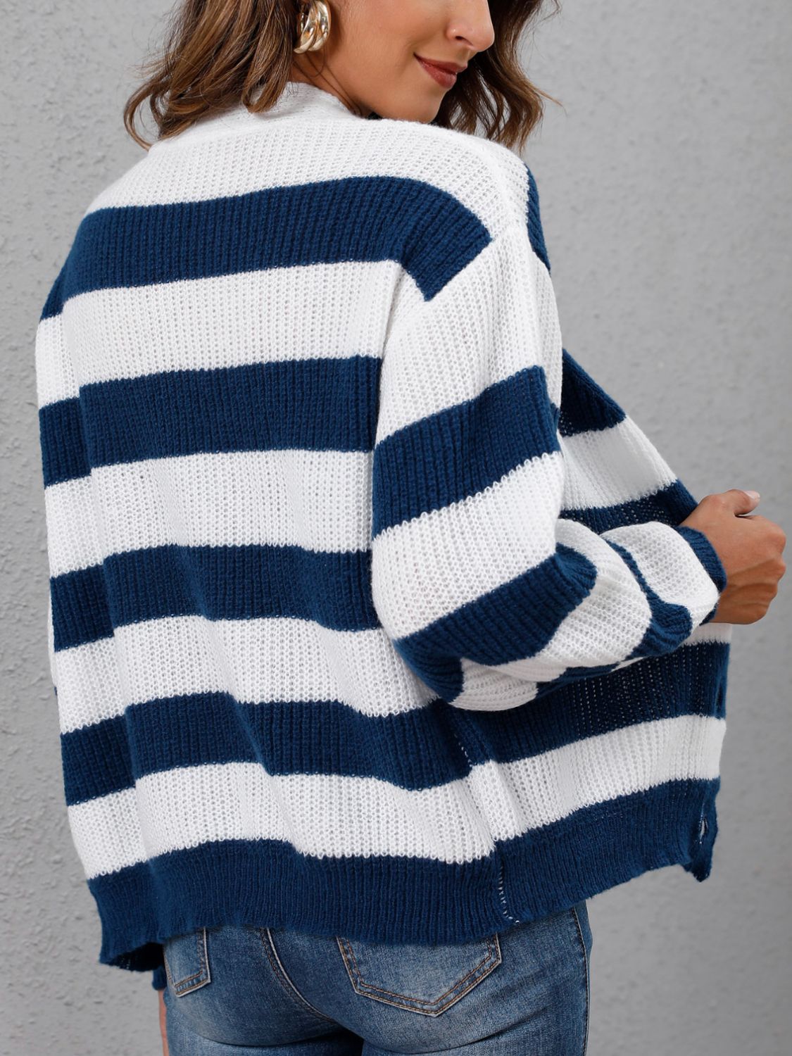 Striped Button Up Long Sleeve Sweater  Trendsi   