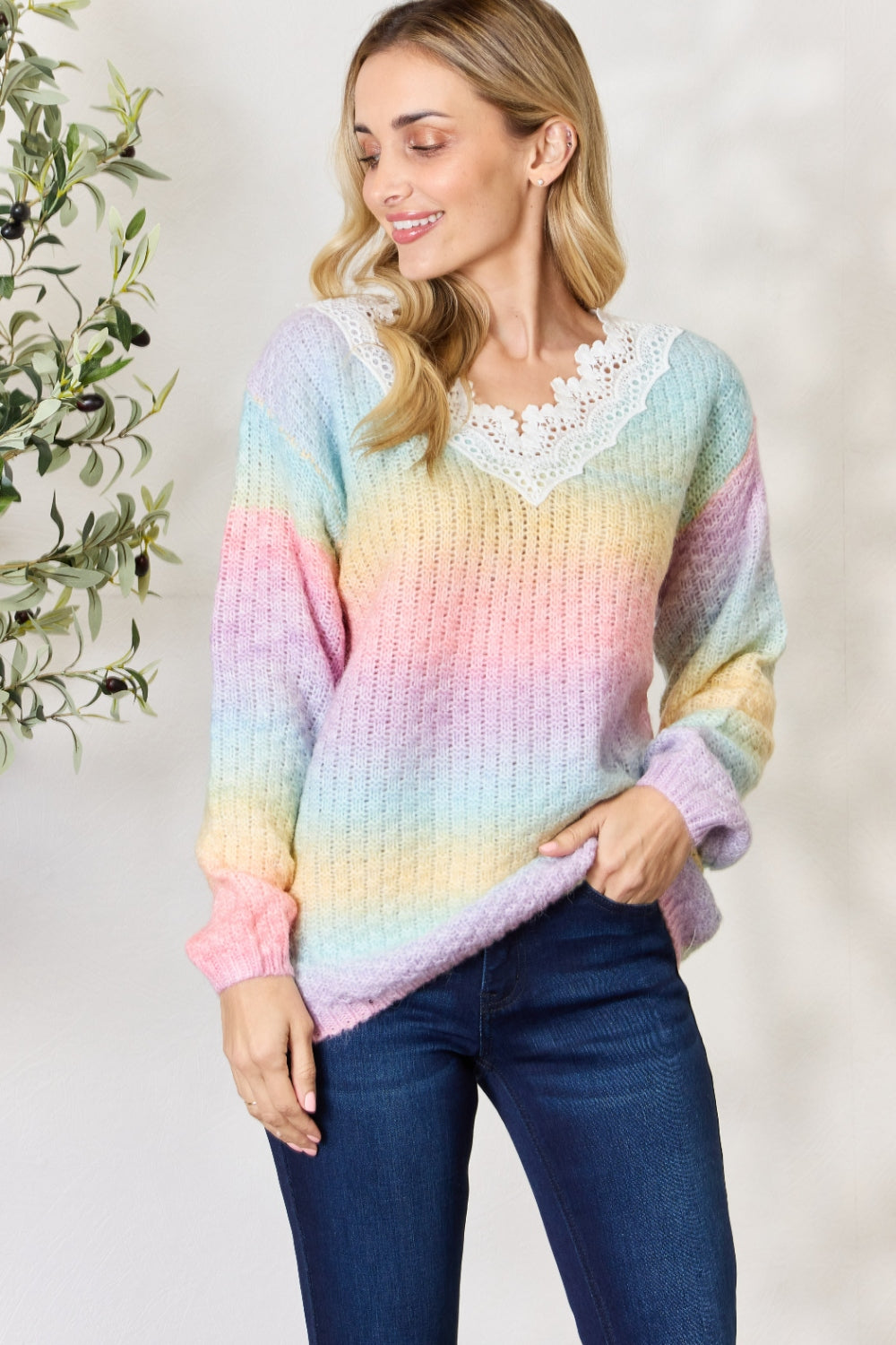 BiBi Rainbow Gradient Crochet Deetail Sweater  Trendsi   