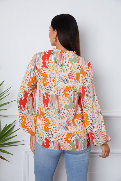 Floral Frill Notched Long Sleeve Blouse Blouse Trendsi   