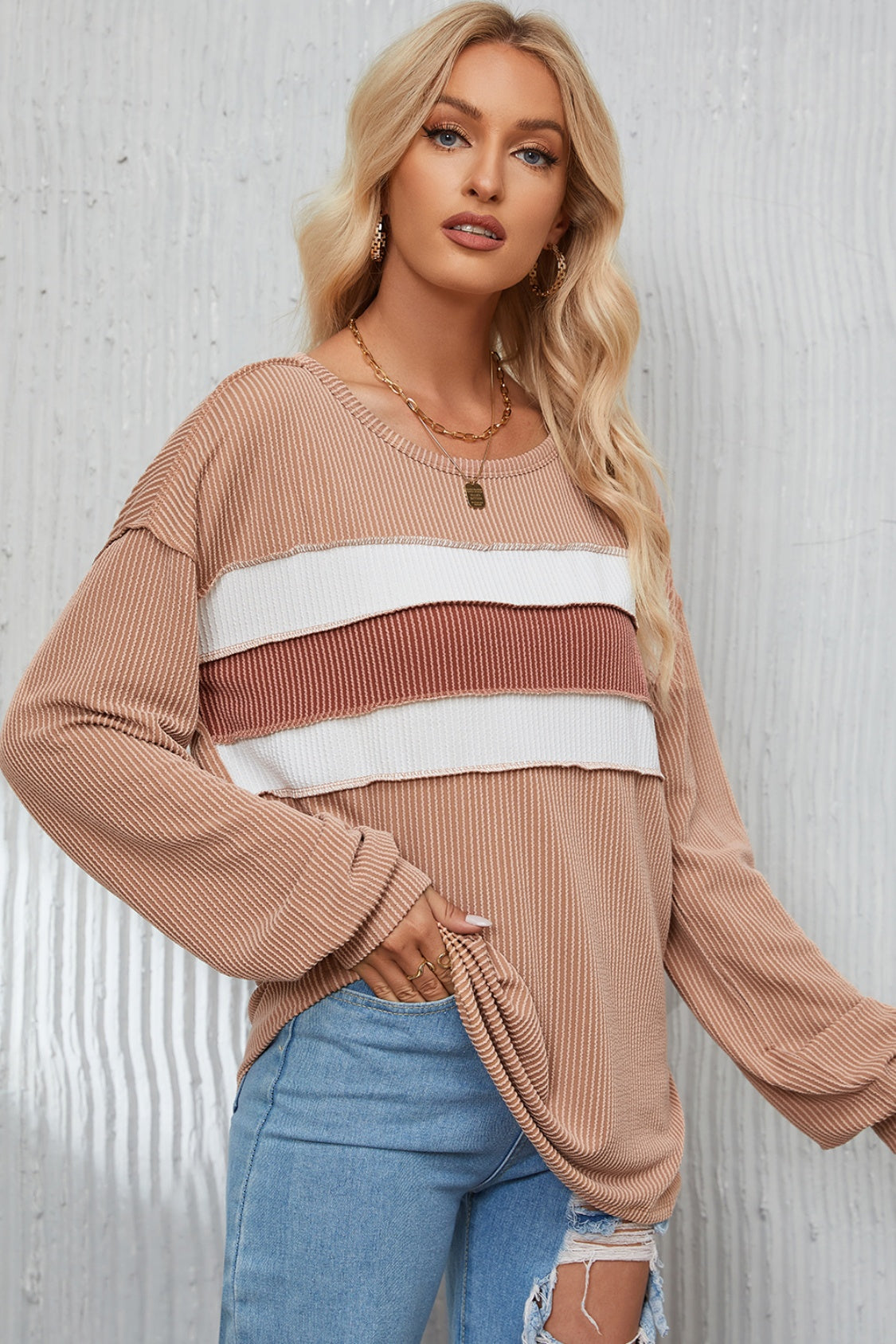 Ribbed Color Block Exposed Seam Round Neck Blouse Blouse Trendsi   