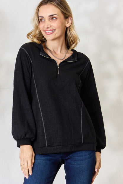 BiBi Half Zip Brushed Terry Long Sleeve Top Sale Trendsi Black S 