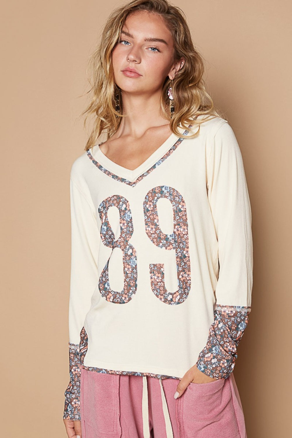 POL V-Neck Long Sleeve Floral Number Patch T-Shirt  Trendsi   