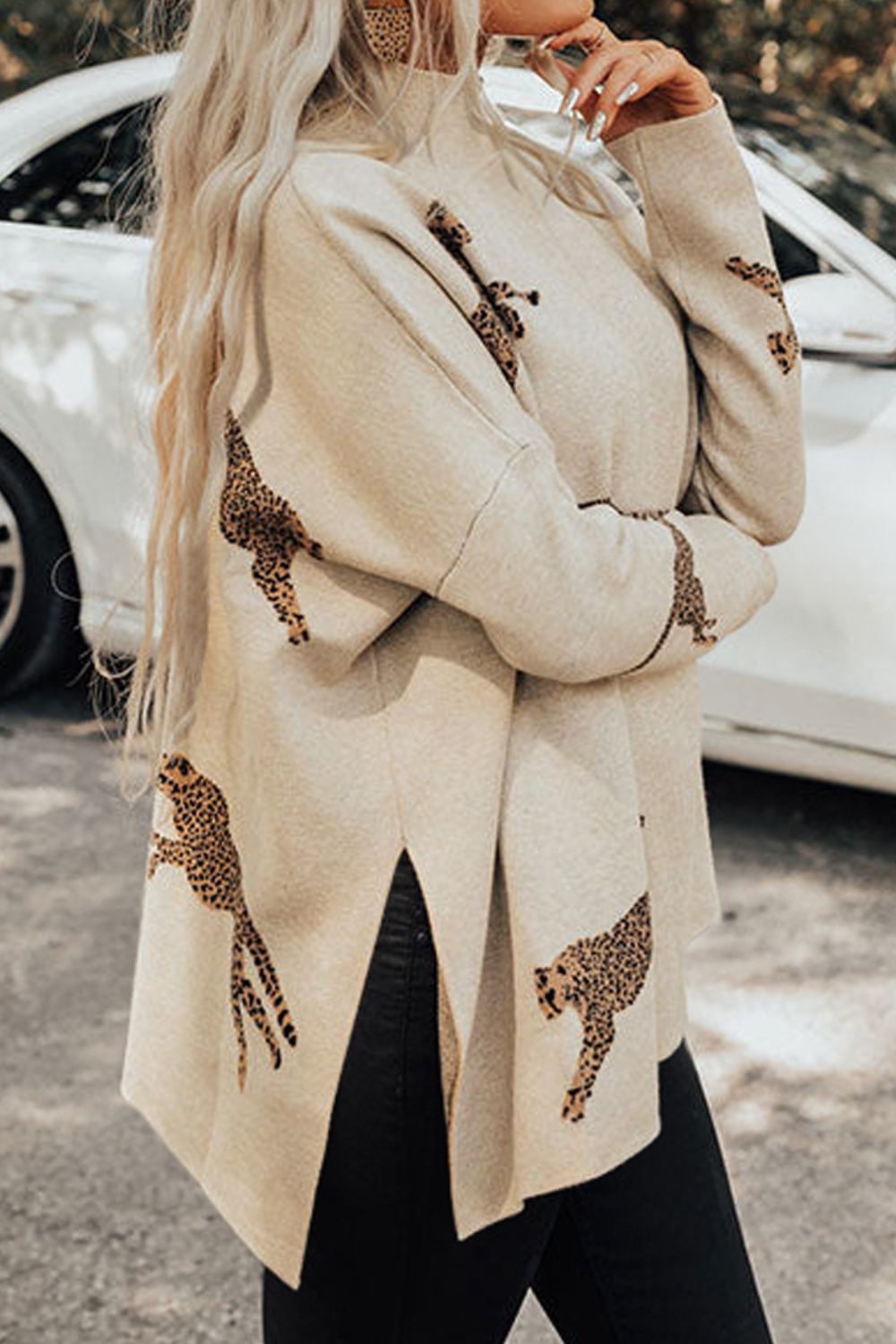 Animal Pattern Mock Neck Long Sleeve Slit Sweater  Trendsi   