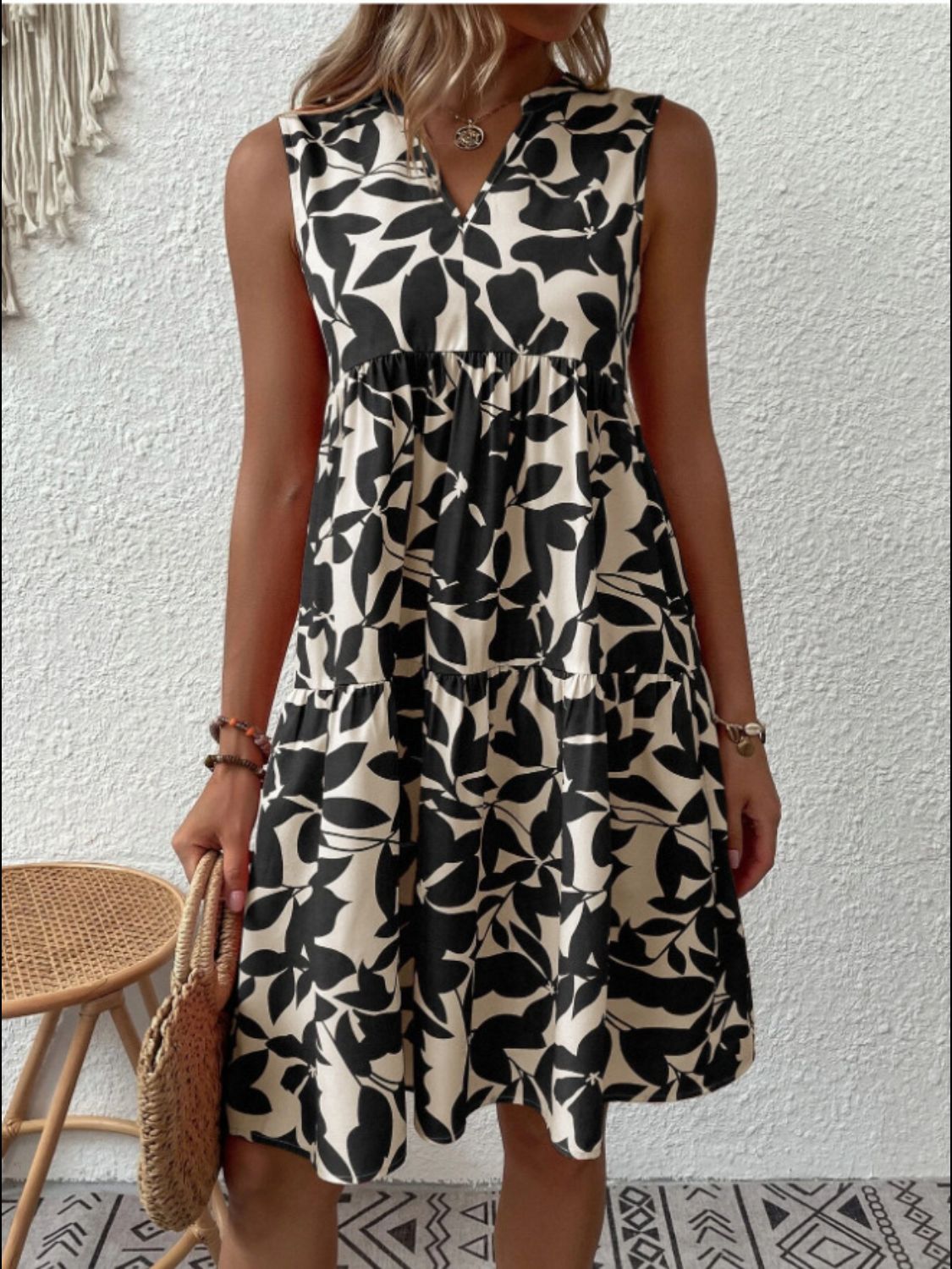 Printed Notched Sleeveless Mini Dress Dress Trendsi   