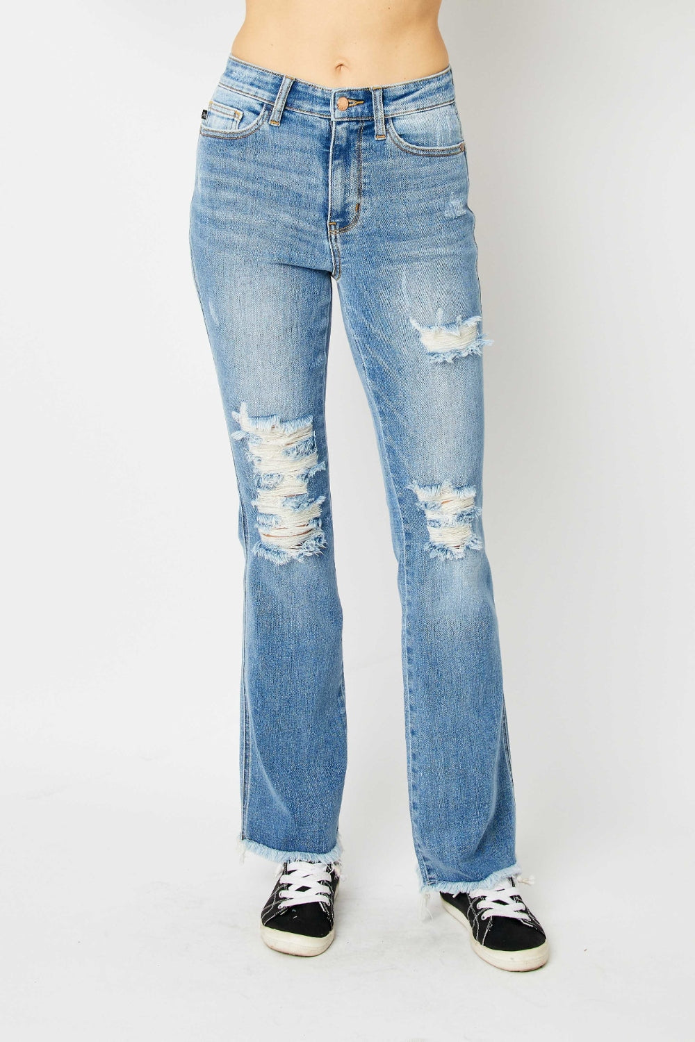 Judy Blue Full Size Distressed Raw Hem Bootcut Jeans  Trendsi   